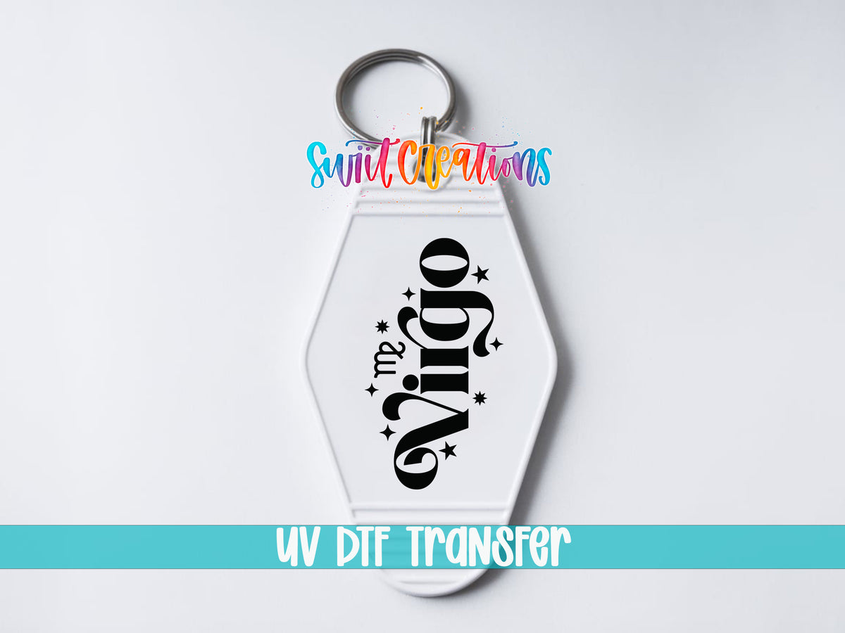 Virgo motel keychain UV DTF transfer close-up mockup by Swiit Creations