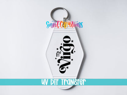 Virgo motel keychain UV DTF transfer close-up mockup by Swiit Creations