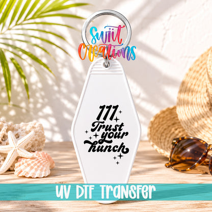 111 Trust Your Hunch motel keychain UV DTF transfer display mockup by Swiit Creations