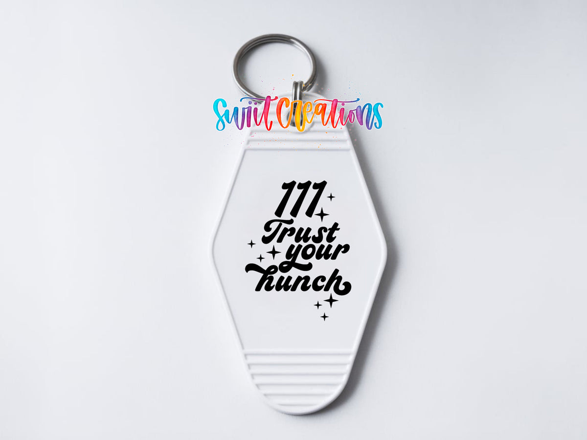 111 Trust Your Hunch motel keychain UV DTF transfer clean keychain mockup by Swiit Creations