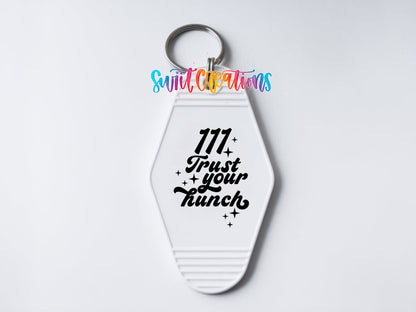 111 Trust Your Hunch motel keychain UV DTF transfer clean keychain mockup by Swiit Creations