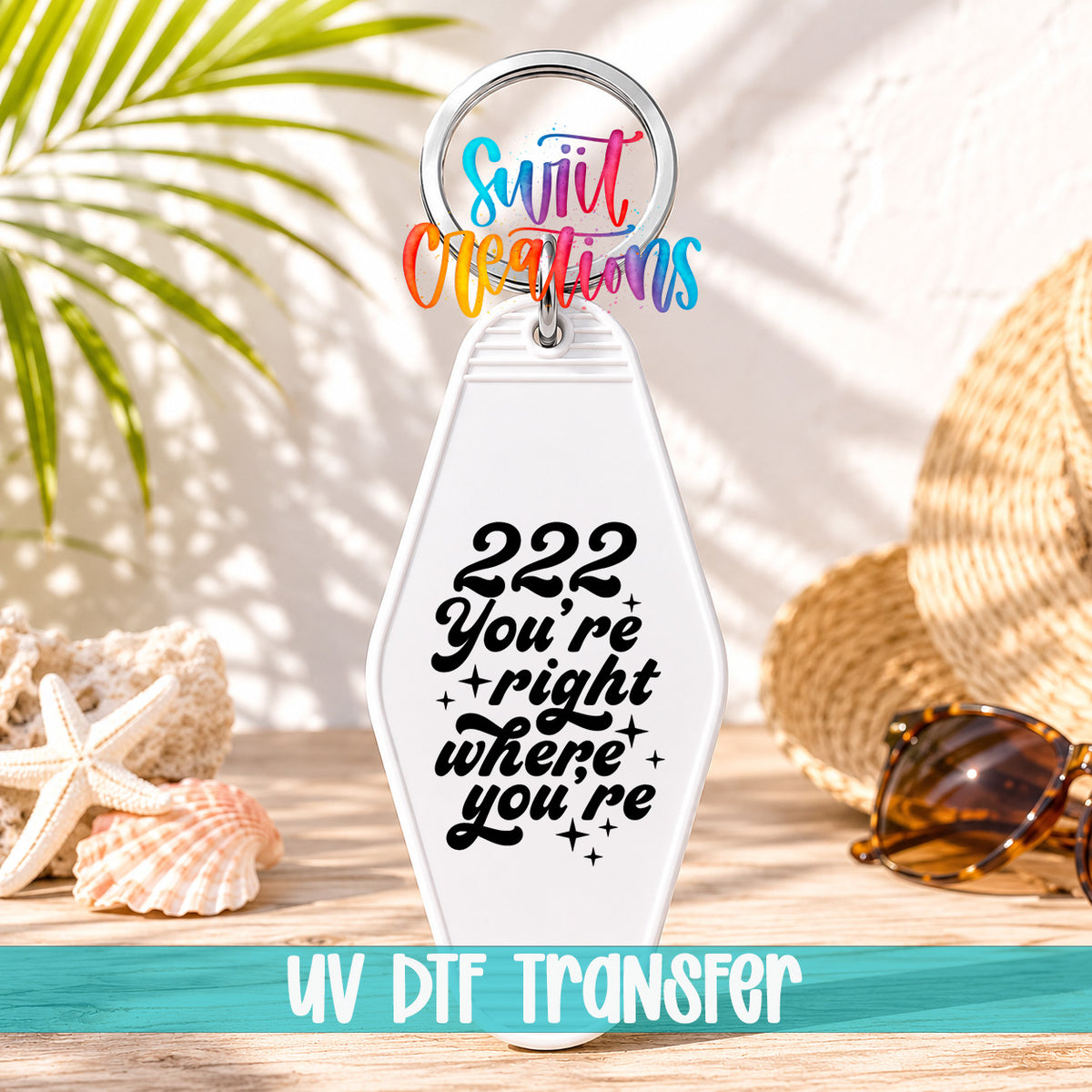 222 You’re Right Where You’re Meant to Be motel keychain UV DTF transfer display mockup by Swiit Creations