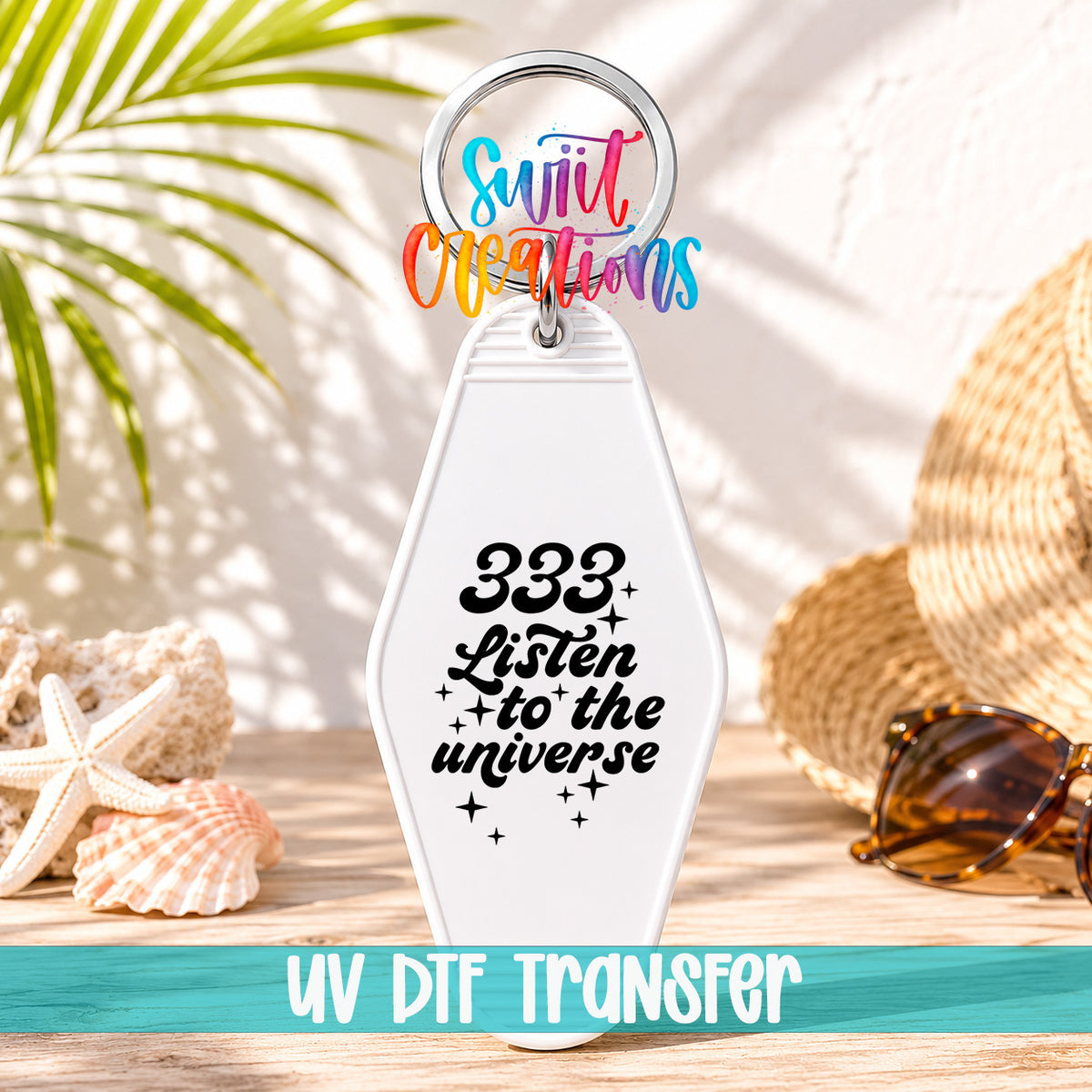333 Listen to the Universe motel keychain UV DTF transfer display mockup by Swiit Creations
