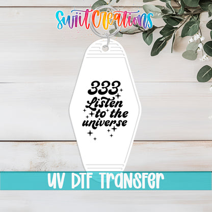333 Listen to the Universe motel keychain UV DTF transfer flat lay mockup by Swiit Creations
