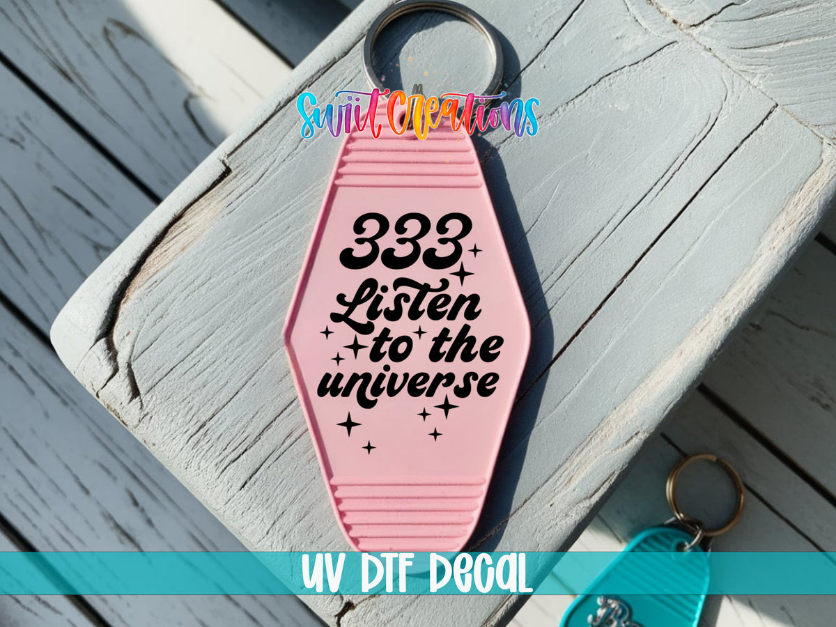 333 Listen to the Universe motel keychain UV DTF transfer colored keychain mockup by Swiit Creations