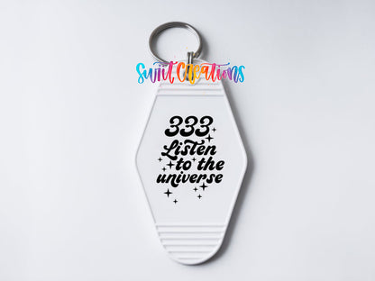 333 Listen to the Universe motel keychain UV DTF transfer clean keychain mockup by Swiit Creations
