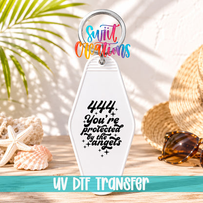 444 You’re Protected by the Angels motel keychain UV DTF transfer display mockup by Swiit Creations