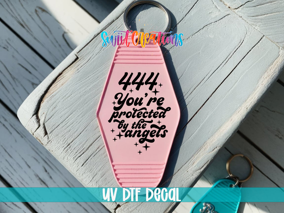 444 You’re Protected by the Angels motel keychain UV DTF transfer colored keychain mockup by Swiit Creations