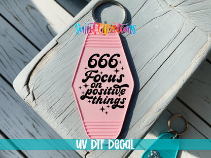 666 Focus on Positive Things motel keychain UV DTF transfer colored keychain mockup by Swiit Creations