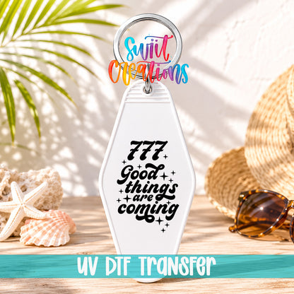 777 Good Things Are Coming motel keychain UV DTF transfer display mockup by Swiit Creations