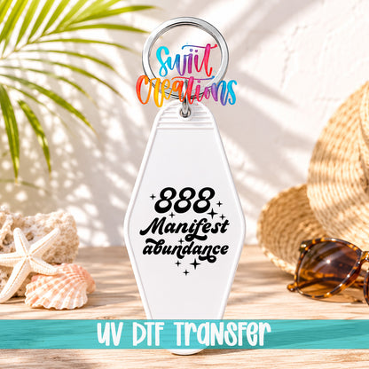 888 Manifest Abundance motel keychain UV DTF transfer display mockup by Swiit Creations