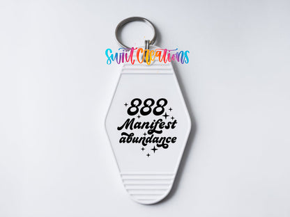 888 Manifest Abundance motel keychain UV DTF transfer clean keychain mockup by Swiit Creations
