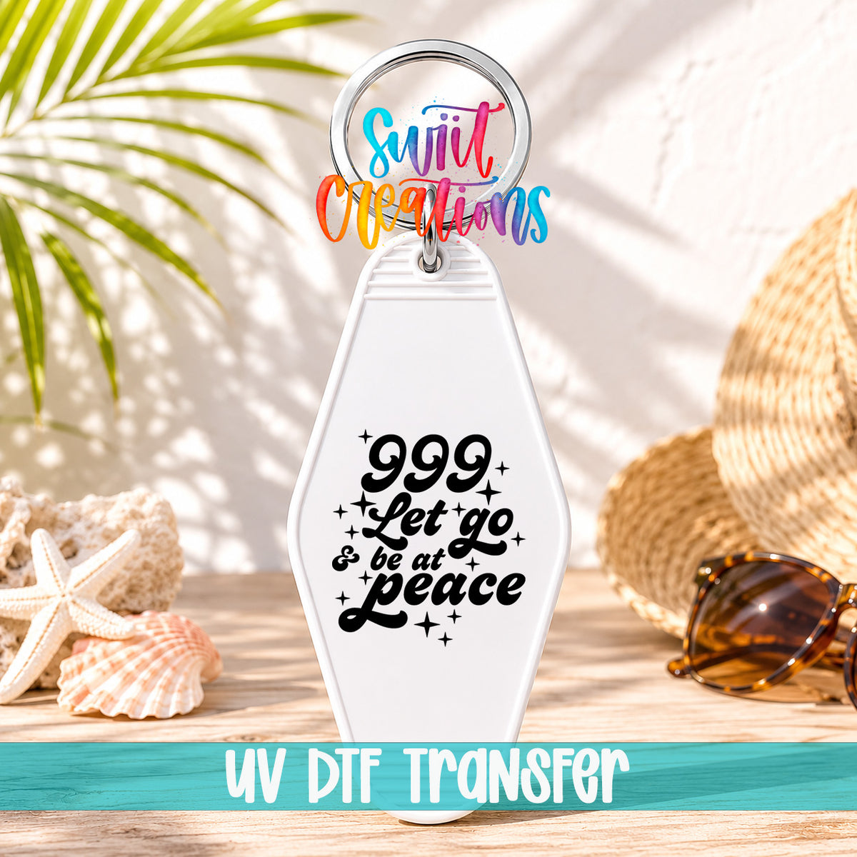 999 Let Go and Be at Peace motel keychain UV DTF transfer display mockup by Swiit Creations