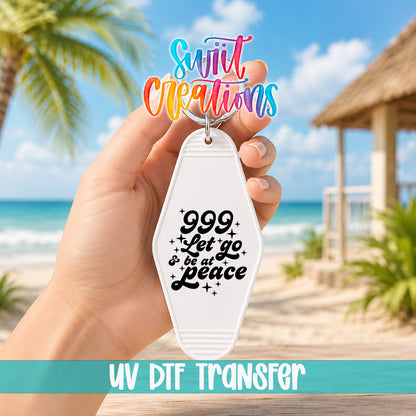 999 Let Go and Be at Peace motel keychain UV DTF transfer lifestyle mockup by Swiit Creations