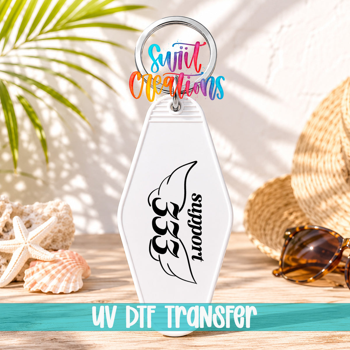 333 Support motel keychain UV DTF transfer display mockup by Swiit Creations