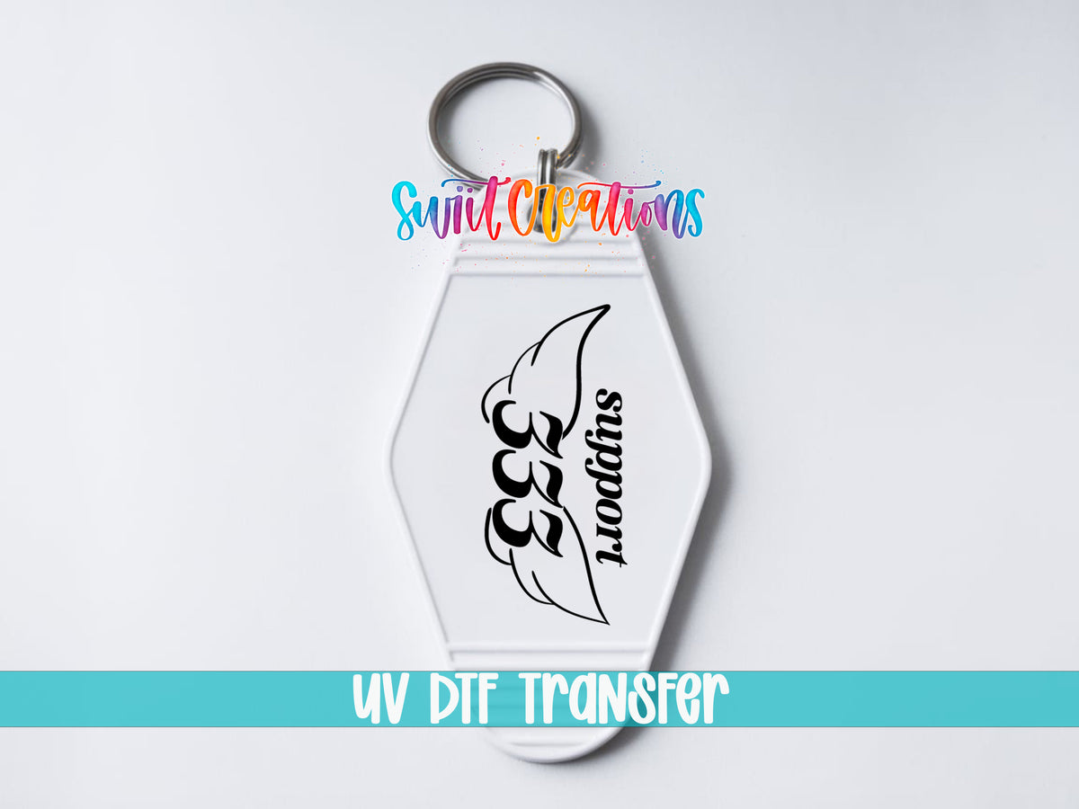 333 Support motel keychain UV DTF transfer close-up mockup by Swiit Creations