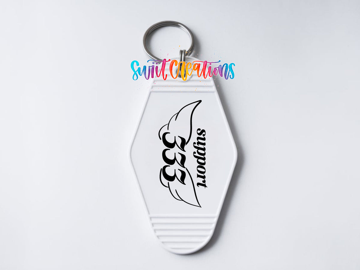 333 Support motel keychain UV DTF transfer clean keychain mockup by Swiit Creations