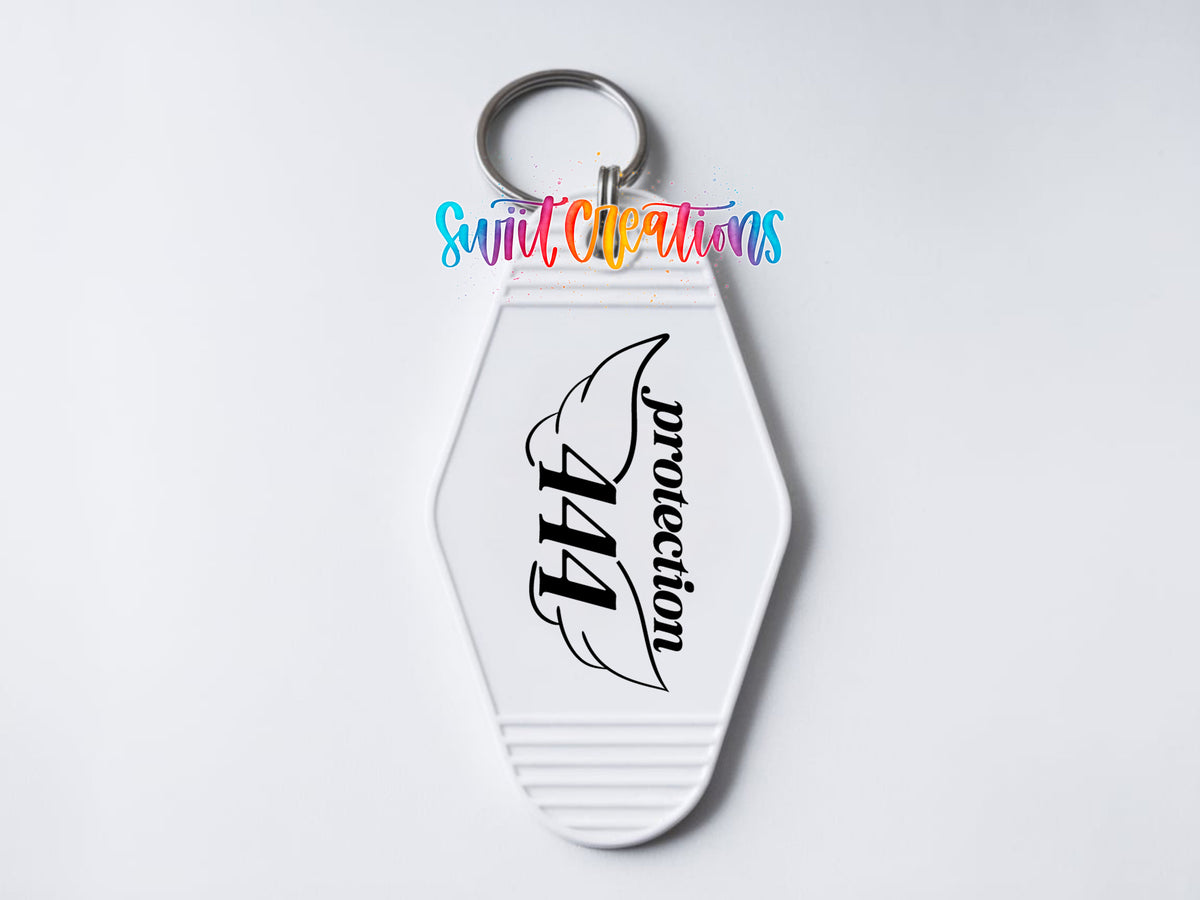 444 Protection motel keychain UV DTF transfer clean keychain mockup by Swiit Creations