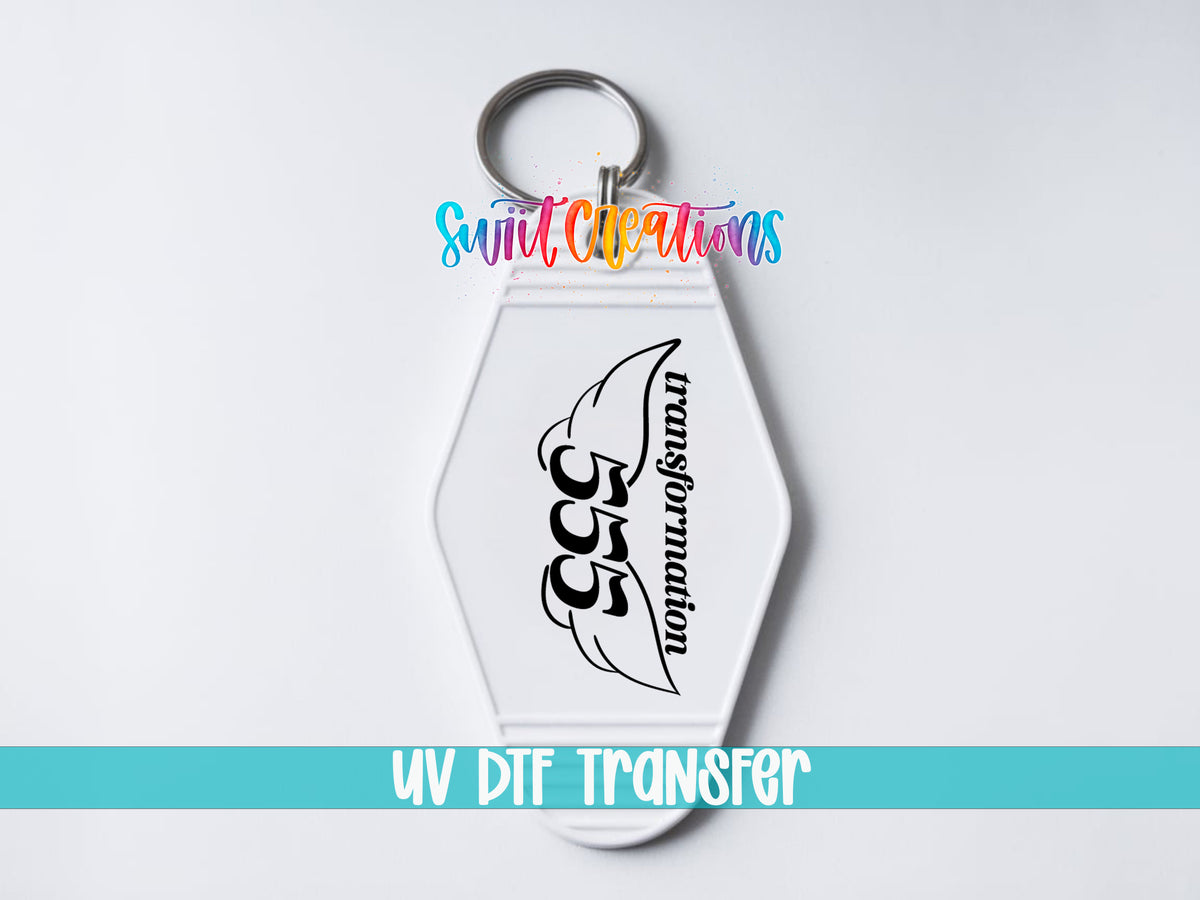 555 Transformation motel keychain UV DTF transfer close-up mockup by Swiit Creations