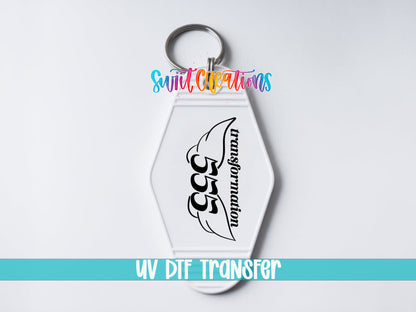 555 Transformation motel keychain UV DTF transfer close-up mockup by Swiit Creations