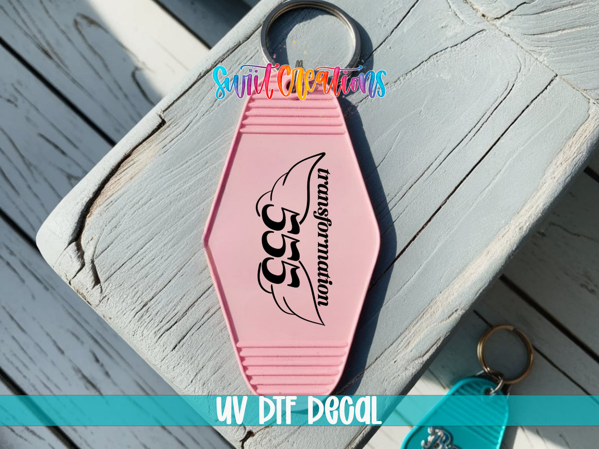 555 Transformation motel keychain UV DTF transfer colored keychain mockup by Swiit Creations
