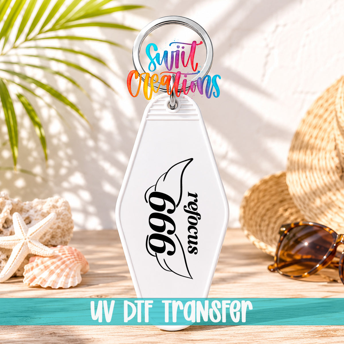 666 Refocus motel keychain UV DTF transfer display mockup by Swiit Creations