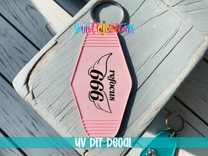666 Refocus motel keychain UV DTF transfer colored keychain mockup by Swiit Creations
