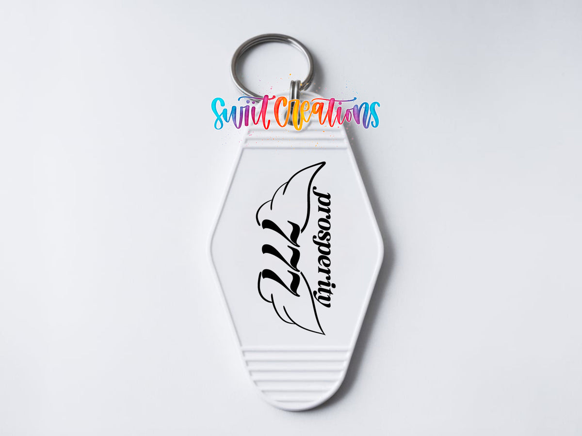777 Prosperity motel keychain UV DTF transfer clean keychain mockup by Swiit Creations
