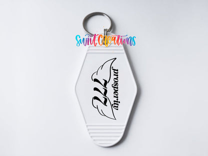 777 Prosperity motel keychain UV DTF transfer clean keychain mockup by Swiit Creations