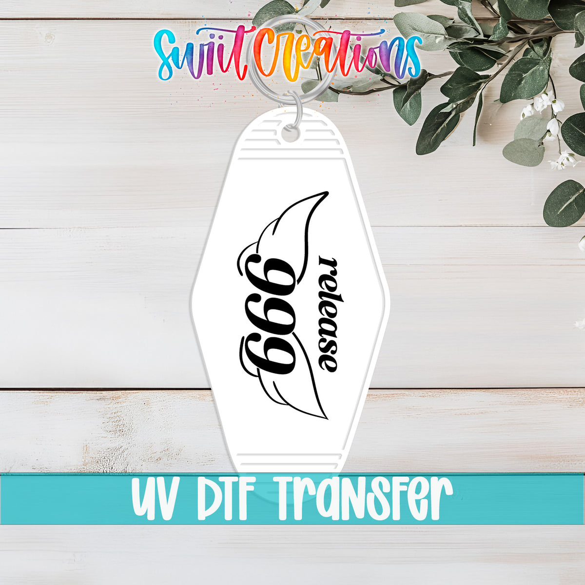 999 Release motel keychain UV DTF transfer flat lay mockup by Swiit Creations