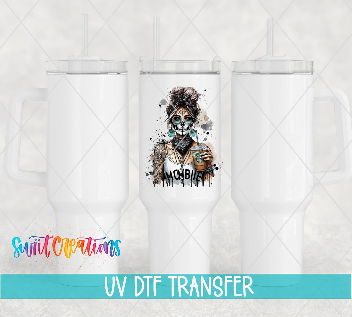Mombie UV DTF transfer on white 40 oz tumblers