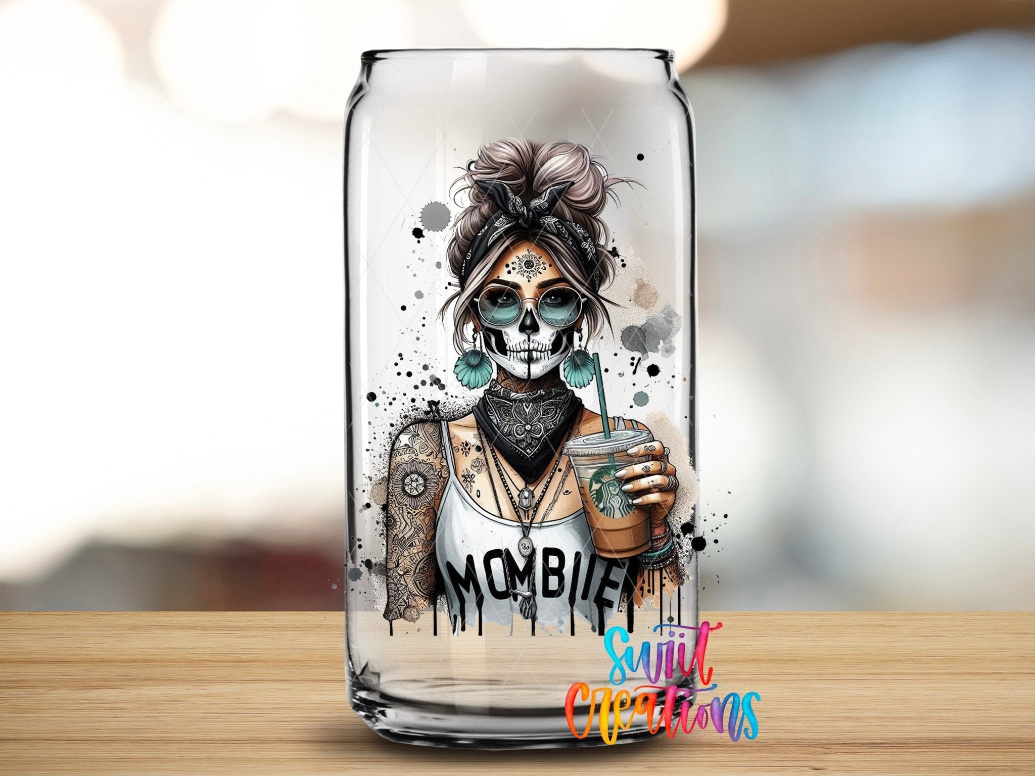 Swiit Creations UV DTF Mombie Skeleton Mom Coffee transfer applied to a clear glass can
