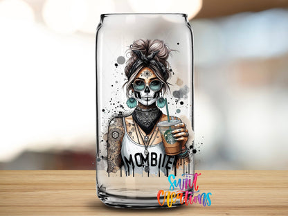 Close-up of the Mombie UV DTF transfer on a clear glass can