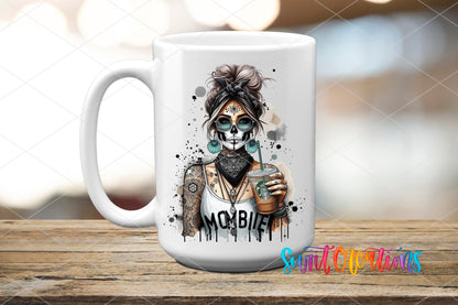 Mombie UV DTF transfer on a white ceramic coffee mug