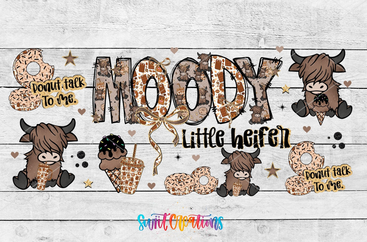 Moody Little Heifer UV DTF full wrap artwork on a white wood background