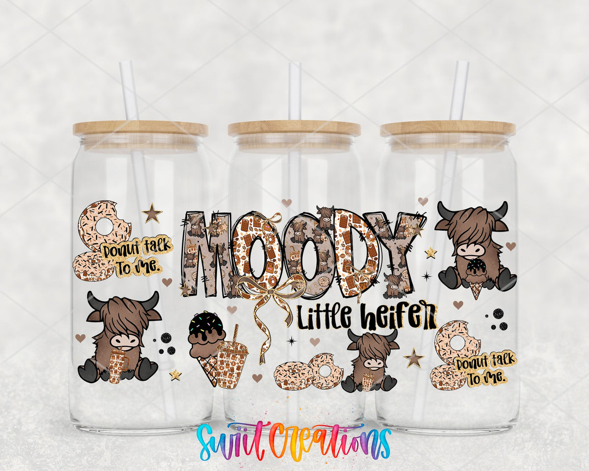 Moody Little Heifer UV DTF full wrap on three glass cans