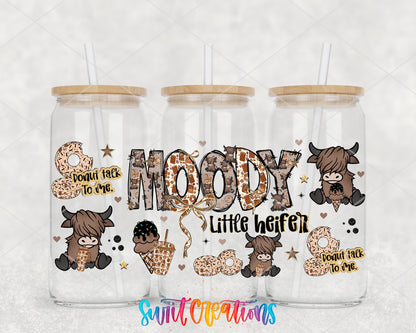 Moody Little Heifer UV DTF full wrap on three glass cans