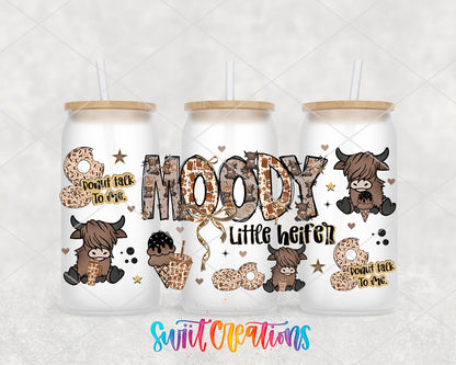 Moody Little Heifer UV DTF full wrap on three frosted glass cans
