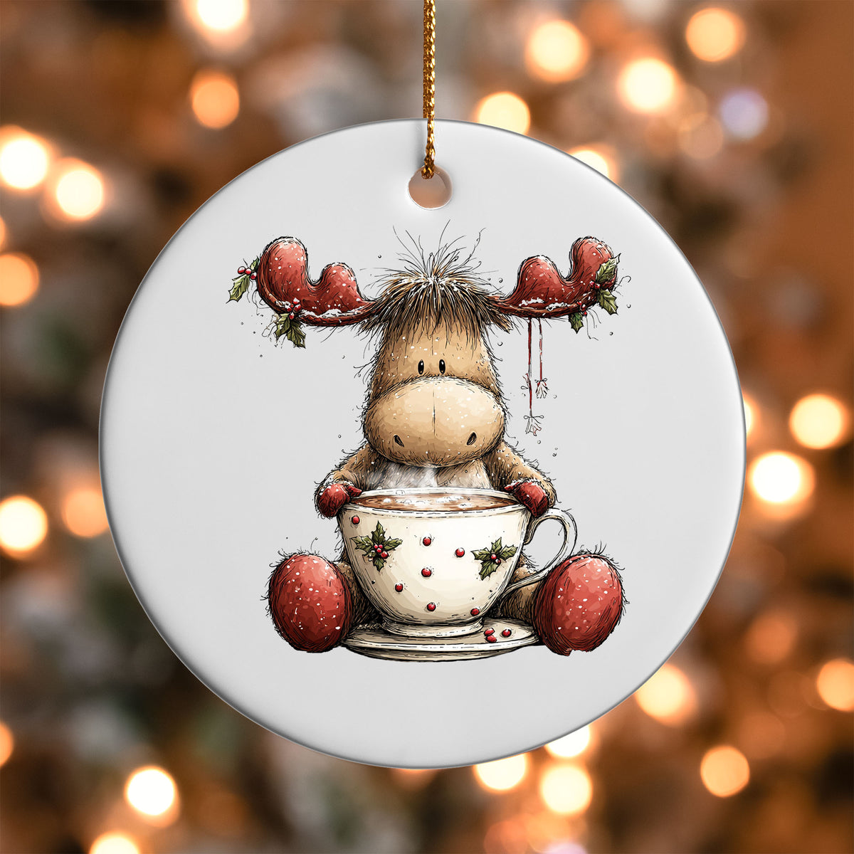 Moose in a Holly Mug ornament UV DTF transfer on a round white ornament with a bokeh light background