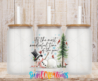 It's the Most Wonderful Time of the Year snowman and cardinals UV DTF transfer on frosted glass cans with bamboo lids