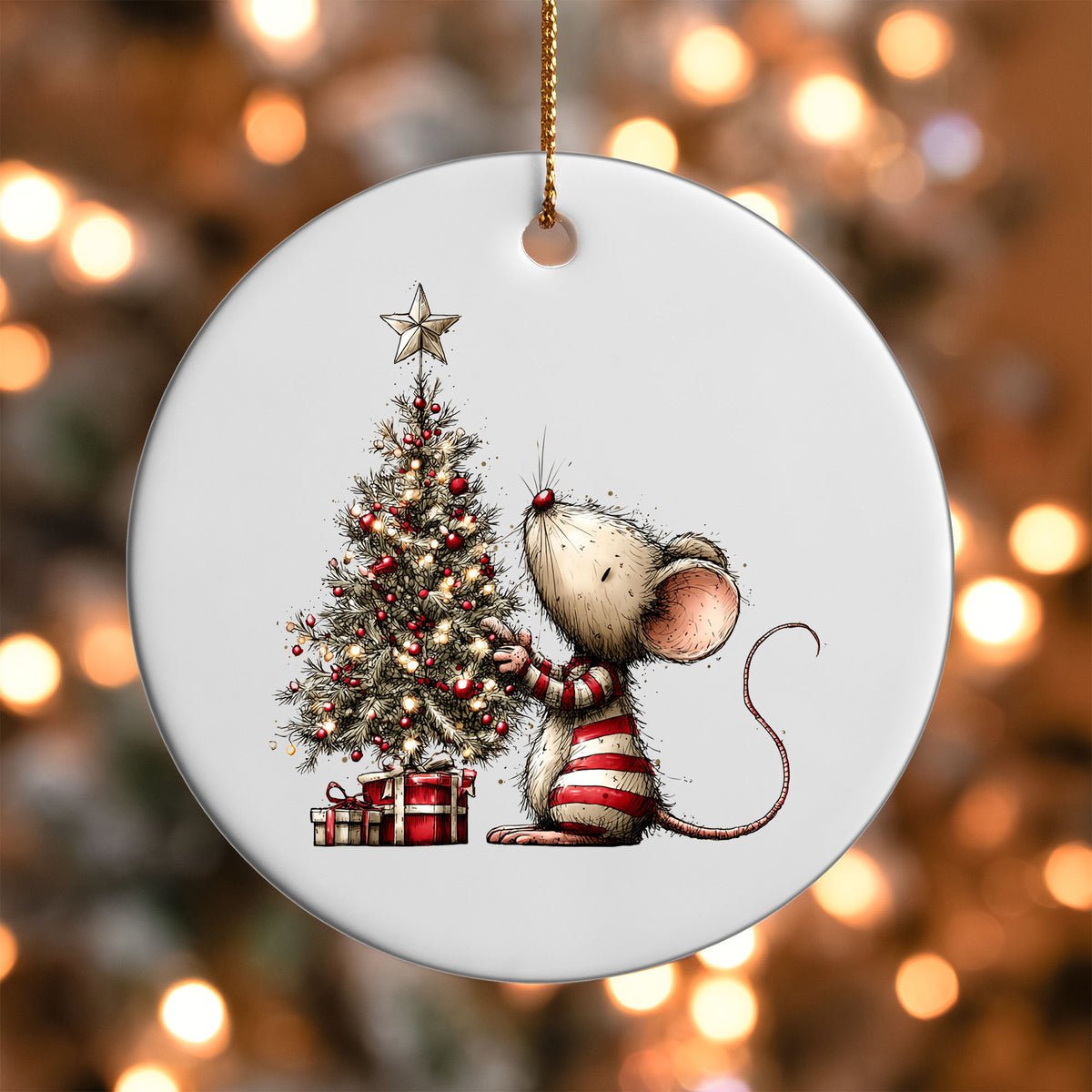 Mouse Decorating a Tree ornament UV DTF transfer on a round white ornament with a bokeh light background