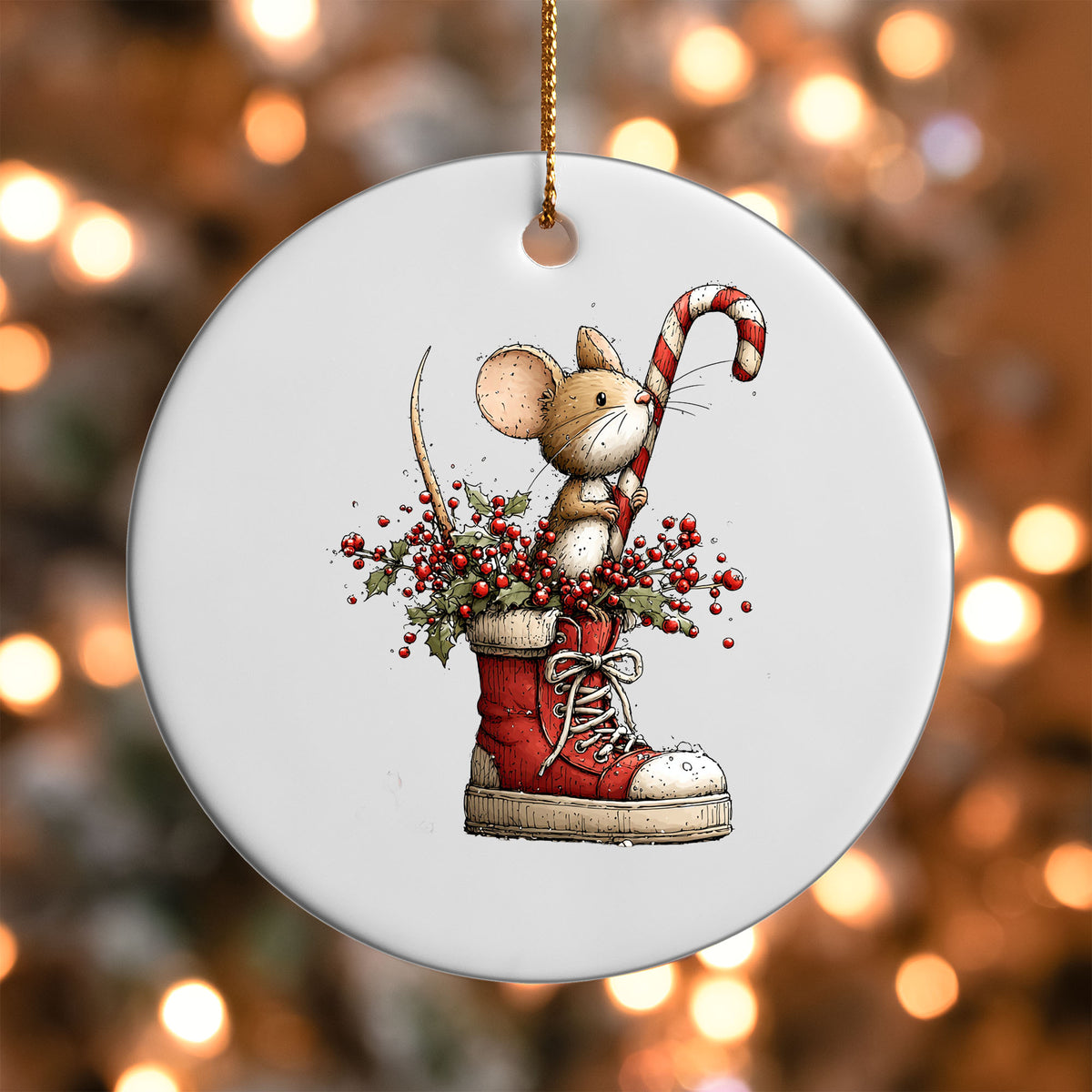 Mouse in a Red Boot ornament UV DTF transfer on a round white ornament with a bokeh light background