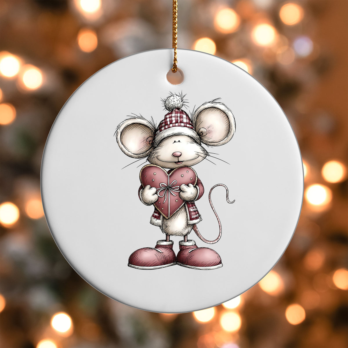 Mouse with Pink Heart ornament UV DTF transfer on a round white ornament with a bokeh light background