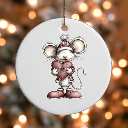 Mouse with Pink Heart ornament UV DTF transfer on a round white ornament with a bokeh light background