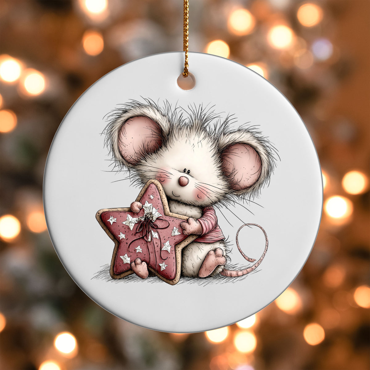 Mouse with Pink Star ornament UV DTF transfer on a round white ornament with a bokeh light background