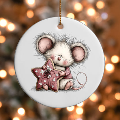 Mouse with Pink Star ornament UV DTF transfer on a round white ornament with a bokeh light background