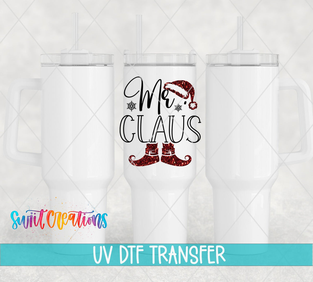 Mr. Claus UV DTF transfer on white 40 oz tumblers