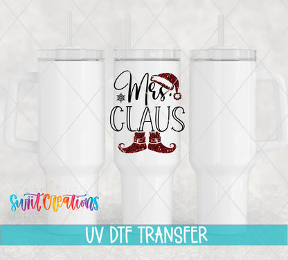 Mrs. Claus UV DTF transfer on white 40 oz tumblers
