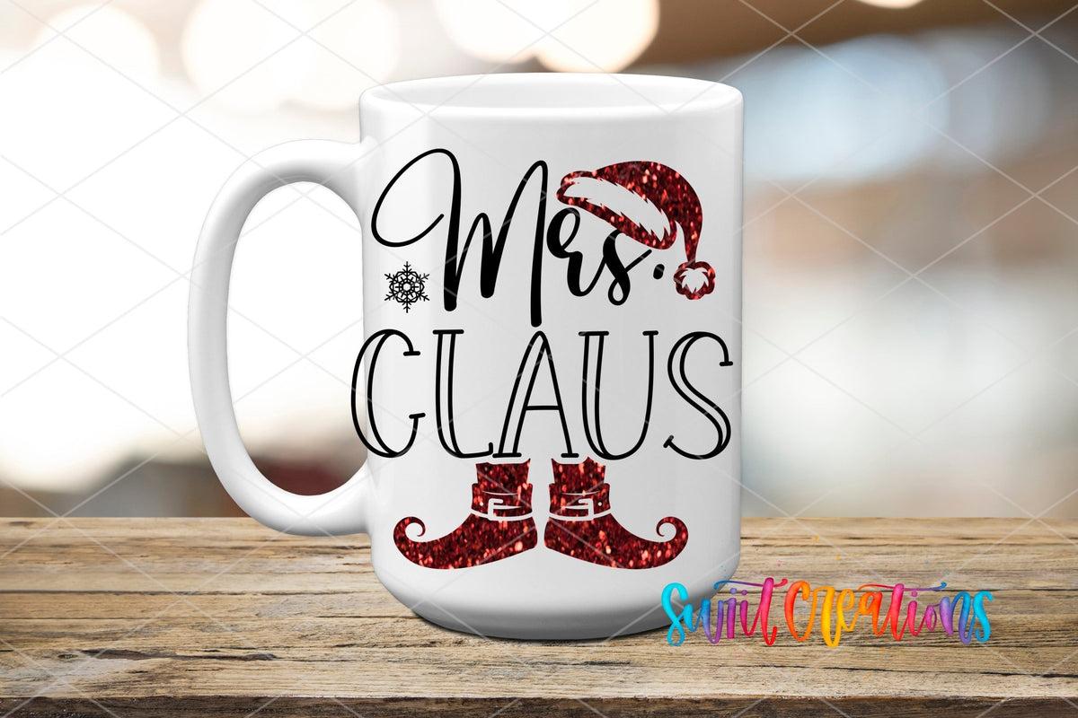 Mrs. Claus UV DTF transfer on a white ceramic coffee mug