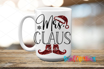 Mrs. Claus UV DTF transfer on a white ceramic coffee mug